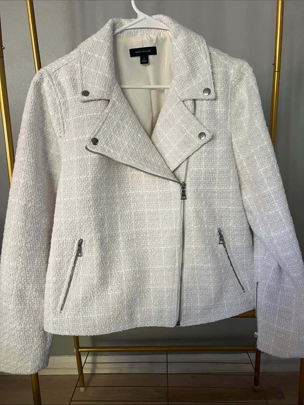 Ann Taylor Cream Tweed Moto Blazer with Silver Hardware